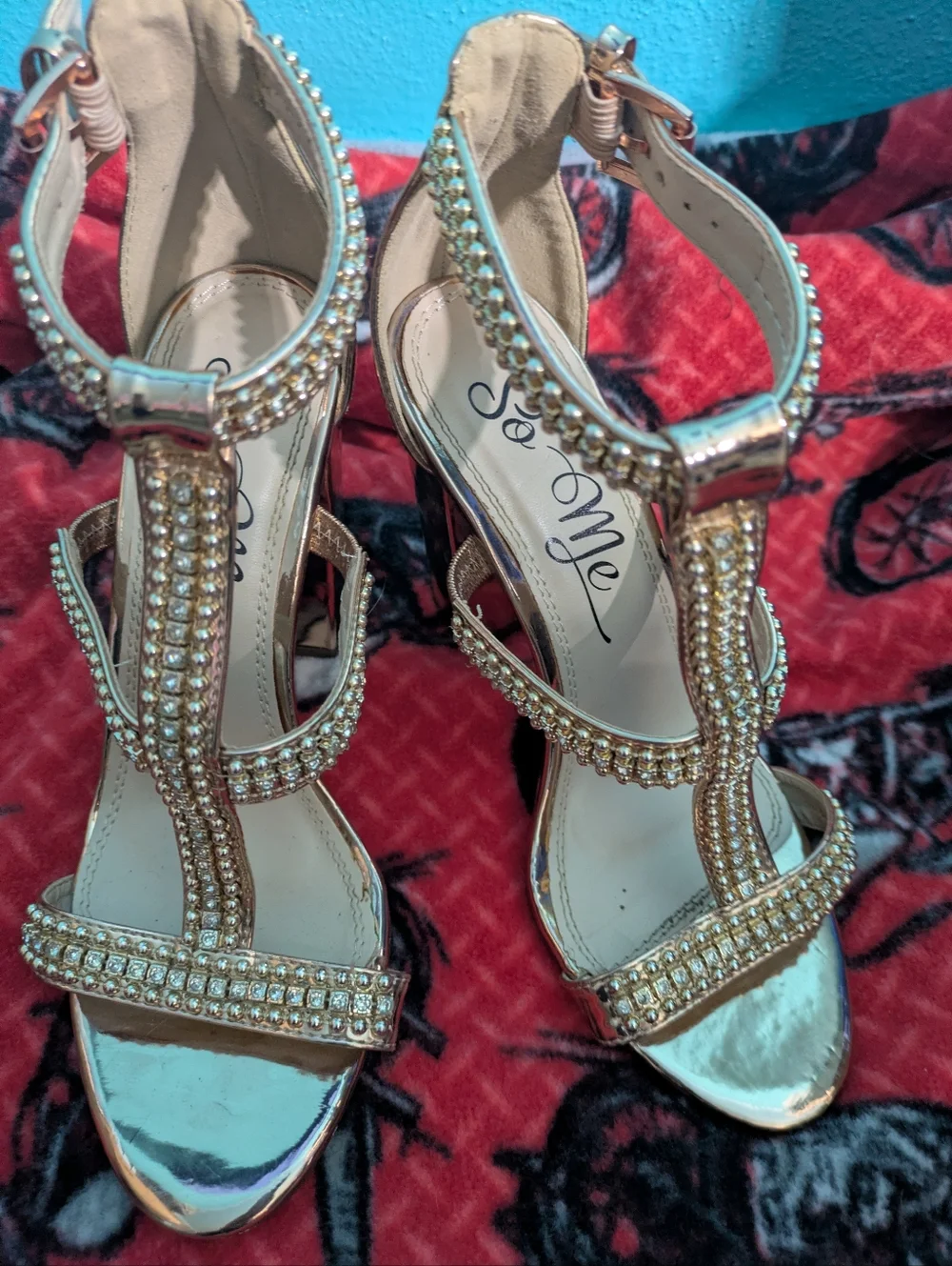 ✨ STUNNING Rhinestone T-Strap Heels– Gold Sparkle ✨